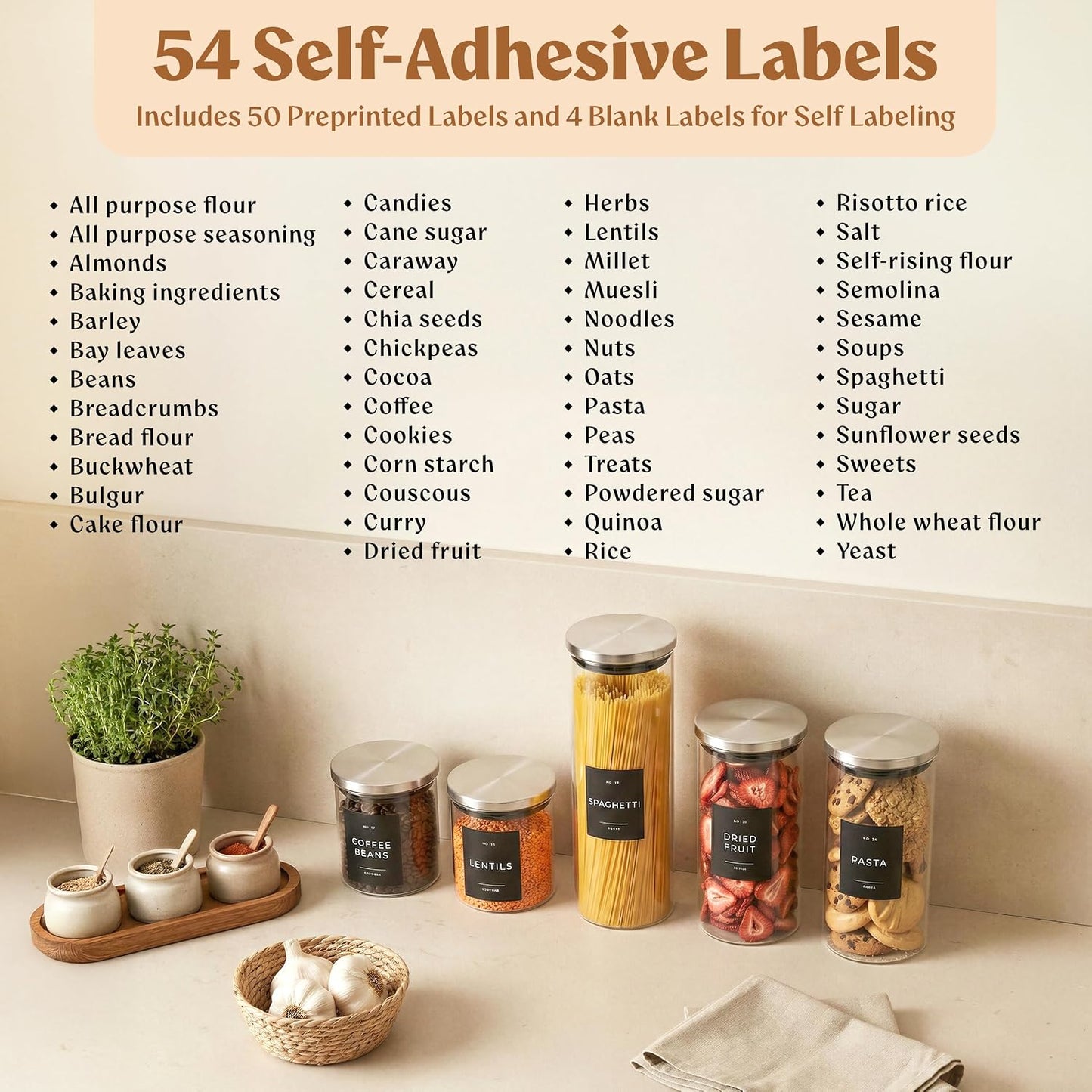 EDELHAUS 2x Large Glass Storage Containers with Airtight Black Lids [135oz/4000ml] | Extra Thick Glass Canisters for Pantry + 63 Labels | Flour Rice Cereal Sugar Coffee Beans Tea