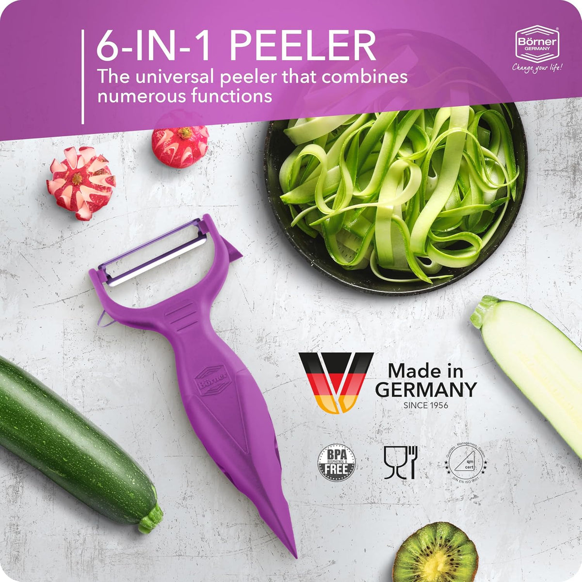 Börner Vegetable Peeler (6-in-1) • Garnishing Peeler with Grater • Multifunctional Peeler for Fruits & Vegetables • Fruit Peeler, Universal Peeler, Potato Peeler • Color: White