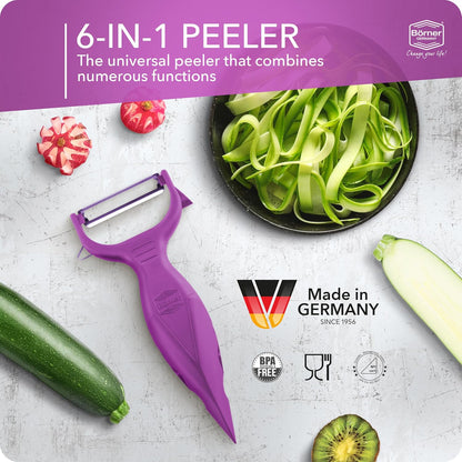 Börner Vegetable Peeler (6-in-1) • Garnishing Peeler with Grater • Multifunctional Peeler for Fruits & Vegetables • Fruit Peeler, Universal Peeler, Potato Peeler • Color: White