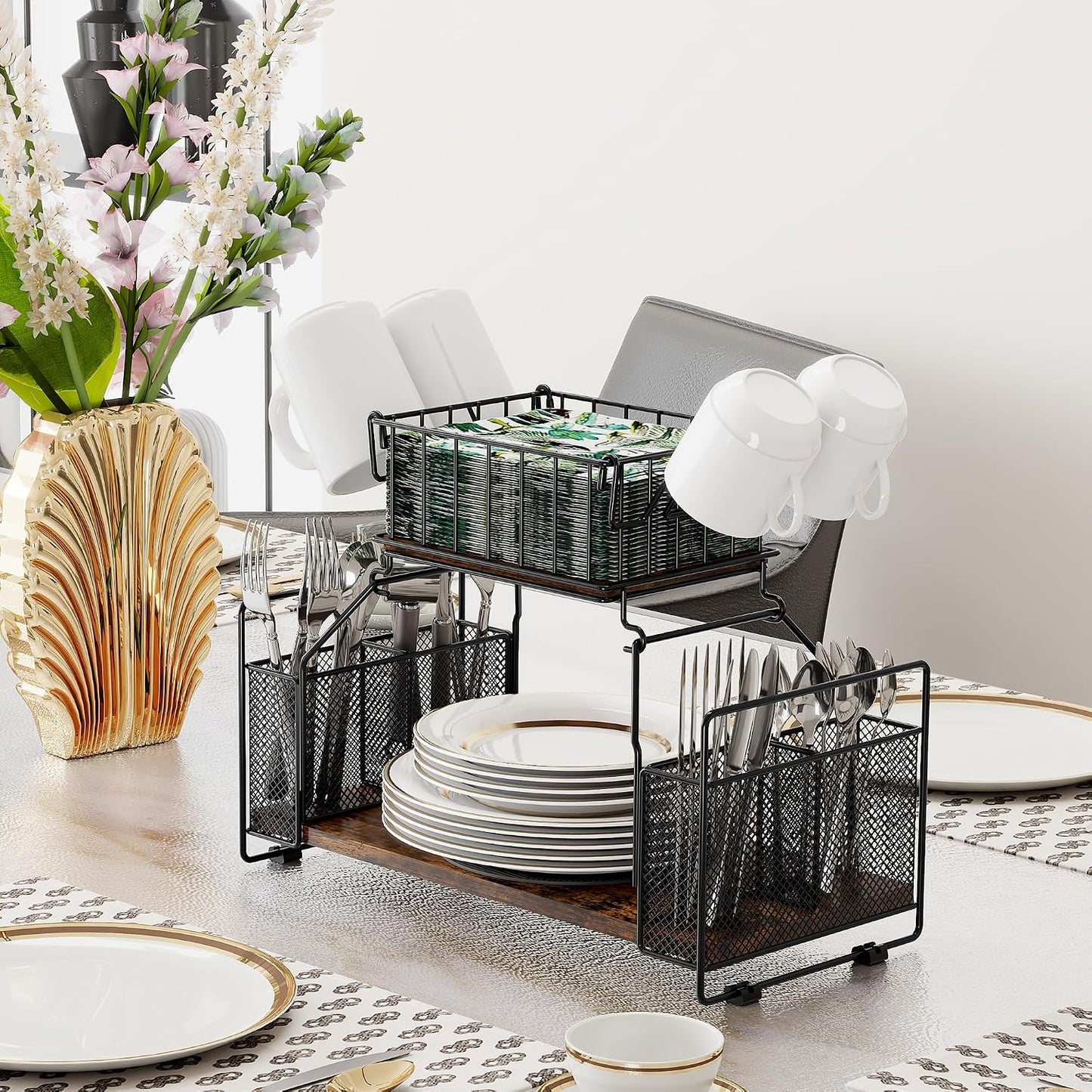 TQVAI Buffet Caddy, 2 Tier Countertop Paper Plate Organizer with Silverware Holder Mugs Hook Napkin Basket, Serving for Catering Supplies Buffet Display Hosting Thanksgiving Essentials, Black/Antique