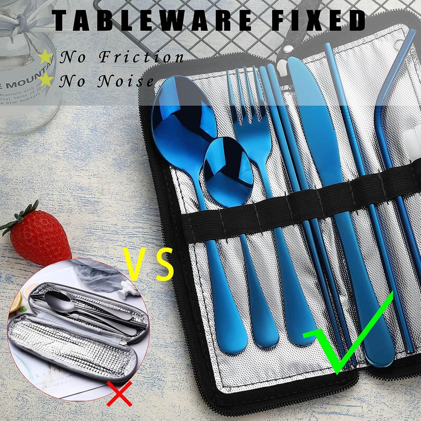 VANDBAO Camping Utensils Set, Portable Travel Utensils with Case for Fixing Tableware, Reusable Stainless Steel Stable Cutlery Set, Lunch Picnic Flatware Silverware (Rainbow Set)