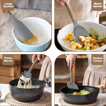 Silicone Kitchen Cooking Utensil Set, 9Pcs Kitchen Utensils Spatula Set with Wooden Handle for Nonstick Cookware, 446°F Heat Resistant Silicone Kitchen Gadgets Utensil Set with Large Holder（Grey）