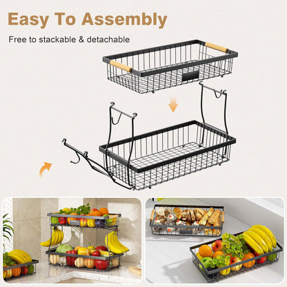 3 Tier Fruit Basket with 2 Banana Hangers for Kitchen Counter | 3-Tier Detachable Design,Metal Wire Construction, Wooden Handle, Large Capacity, Multi-Purpose Organizer,Mesh Basket
