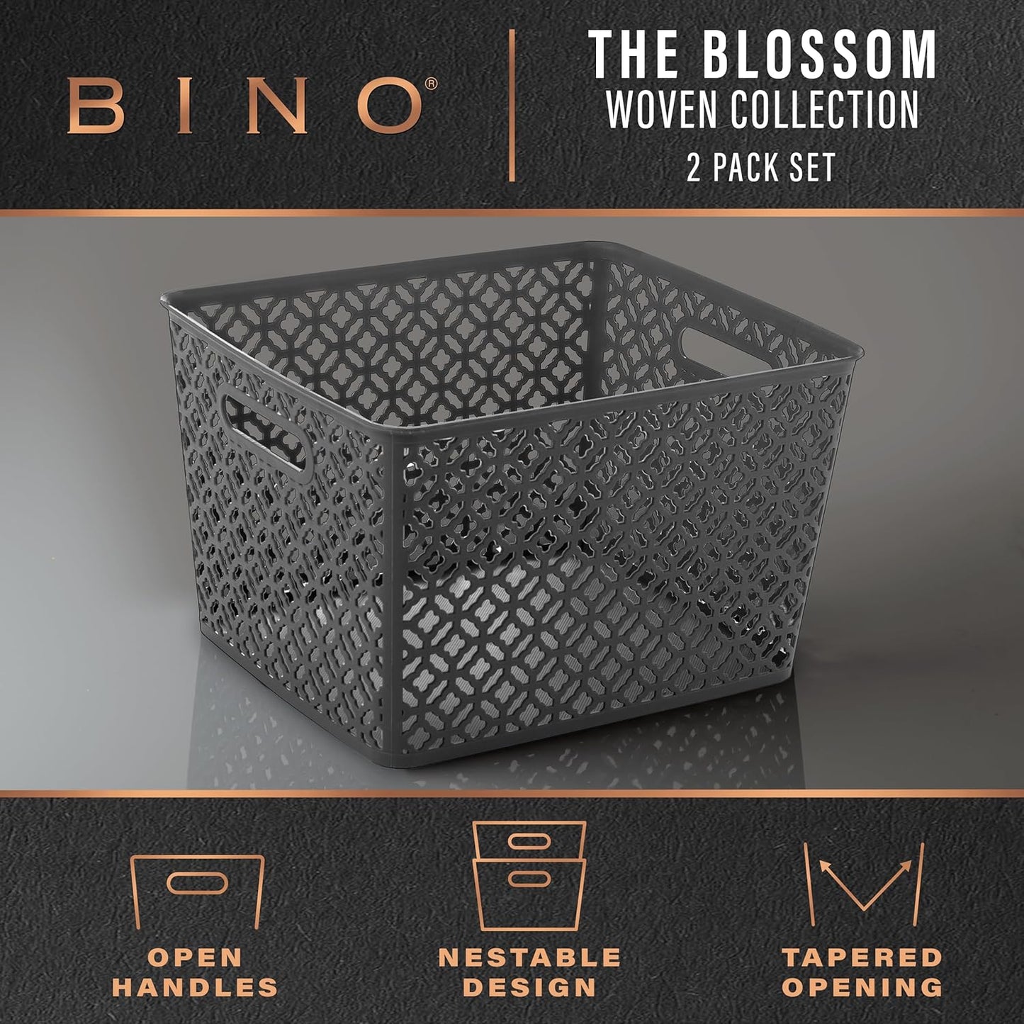 BINO l Plastic Storage Baskets, Large - Grey l THE BLOSSOM COLLECTION l Multi-Use Organizer Bin l Built-in Handles l Plastic Woven Basket for Organizing l Pantry & Home Organizing Basket