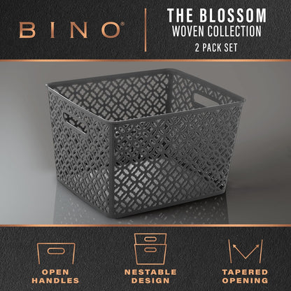 BINO l Plastic Storage Baskets, Large - Grey l THE BLOSSOM COLLECTION l Multi-Use Organizer Bin l Built-in Handles l Plastic Woven Basket for Organizing l Pantry & Home Organizing Basket