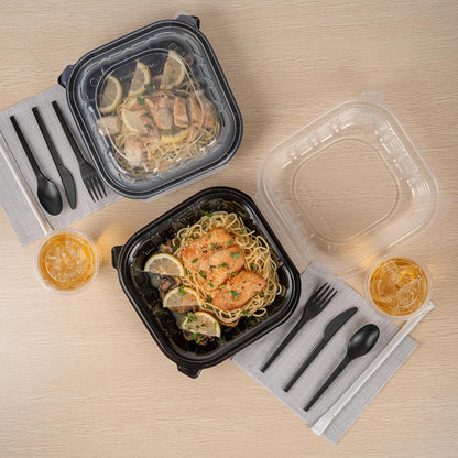 Thermo Tek 40 Ounce Clamshell Containers, 50 Disposable Take Out Boxes - 3 Compartments, Ventilated Lids, Black Plastic Meal Prep Containers, Microwavable, For Pasta Or Salads - Restaurantware