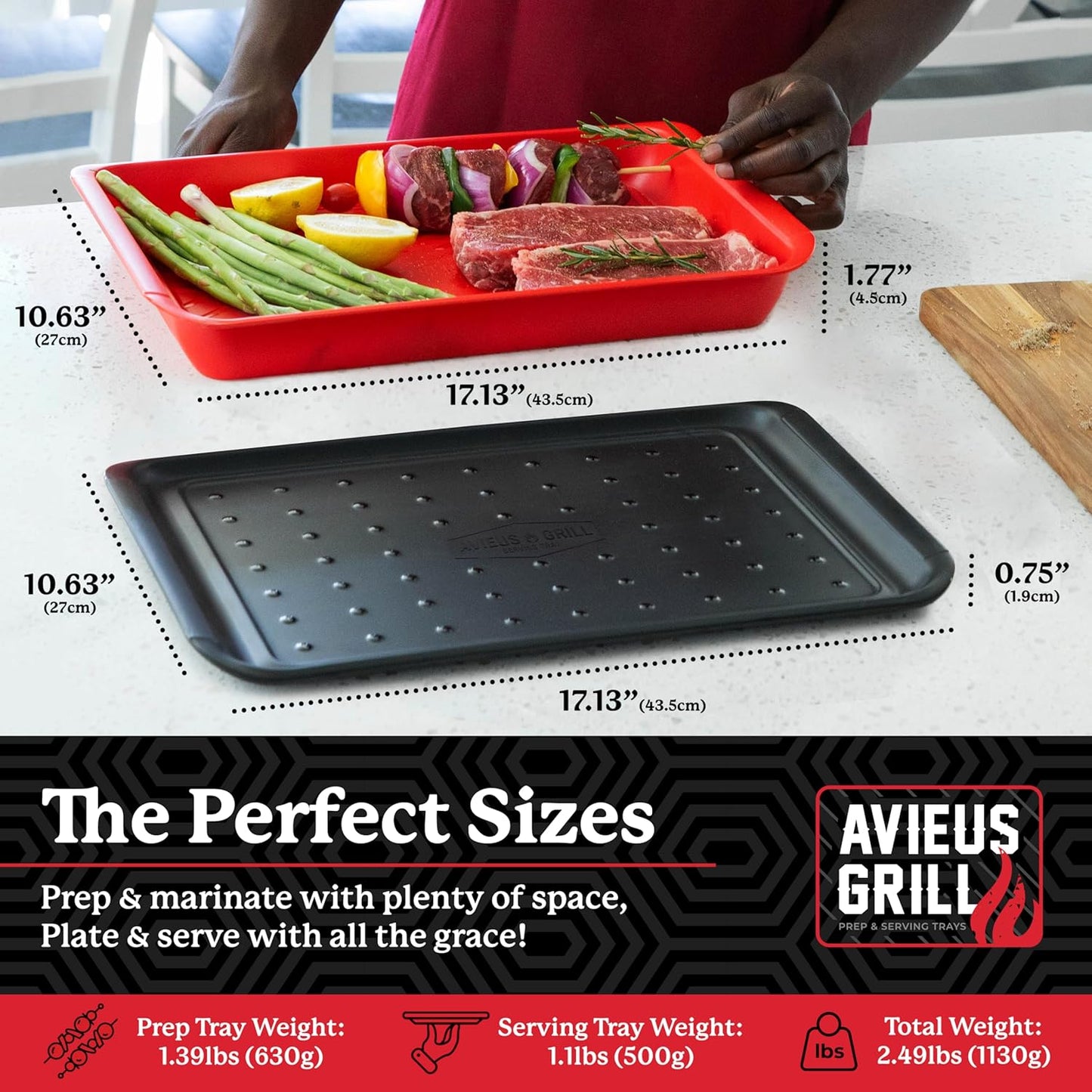 AVIEUS Grill Prep and Serve Trays | Set of 2 Stackable, Melamine Trays | Serving Tray & Marinating Tray | Serving Platter for Plating Food & BBQ Prep Tub for Marinating Meats | Grill Accessories |