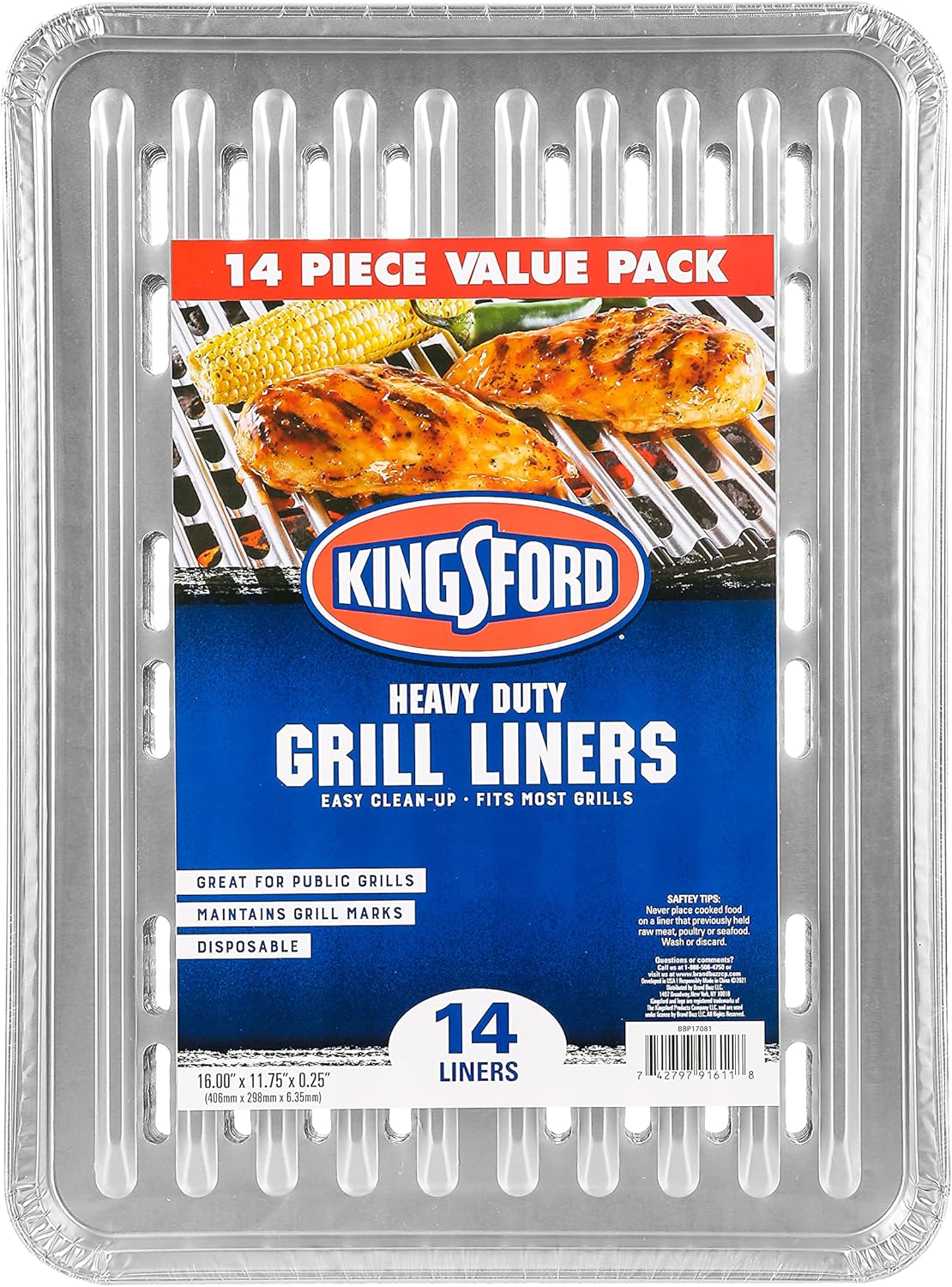 Kingsford Extra Tough Aluminum Grill Liners, Disposable Foil Grill Toppers for Outdoor Grills, Helps Keep Food and Sauce from Falling Through Grates, 16 x 11.75 in, 14 Count