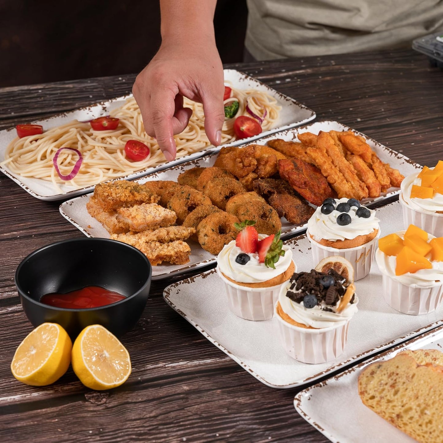 Chip & Dip Serving Tray Set, 4 Sectional Round Melamine Serving Platter, Relish Tray, Round Compartment Appetizer platter for Veggies, Candy and Snacks, Matte Black, Set of 2