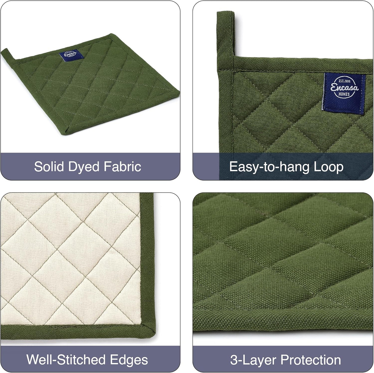 Encasa XO Pot Holders, Quilted Kitchen Hot Pads 8"x8" Black