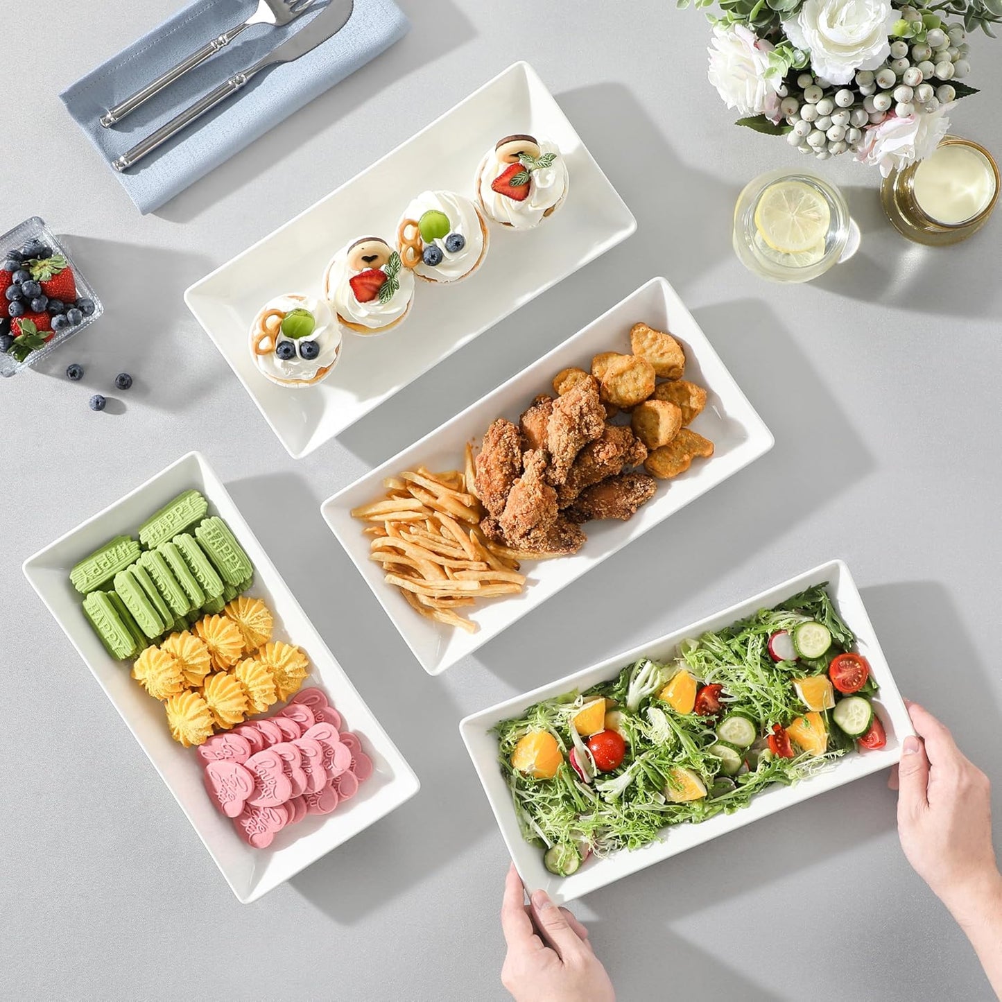 MALACASA Serving Platters Set of 4, Ceramic Serving Platters and Trays for Serving Food, Rectangular Serving Trays for Party, Large Serving Plates, Party Serving Trays and Platters - 14 Inch, White