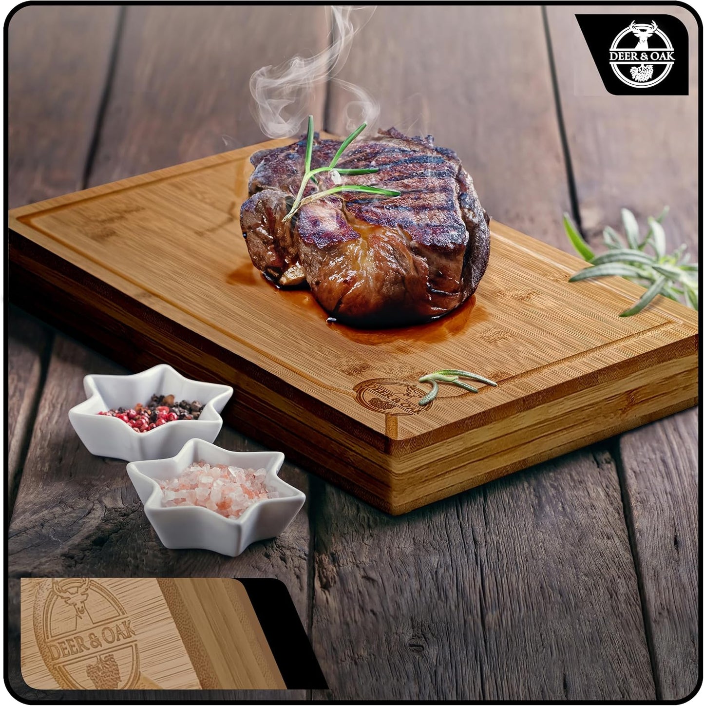 Pre-Oiled, Non Toxic 3-Piece Carbonized Bamboo Cutting Board Set, 500°F Carbonized Technology Eco-Friendly Wooden Chopping Boards for Kitchen with Juice Groove, Charcuterie Serving Boards Deer & Oak