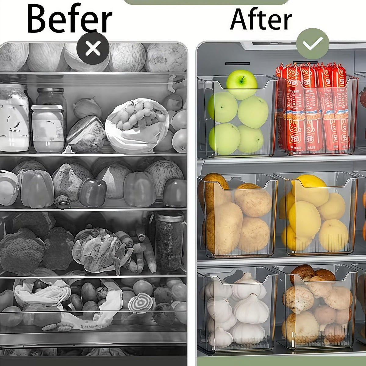 4PCS Refrigerator Storage Bins Clear Plastic Stackable Organizer for Side Door Shelves, Fruits Vegetables Eggs, Kitchen Organization, Transparent