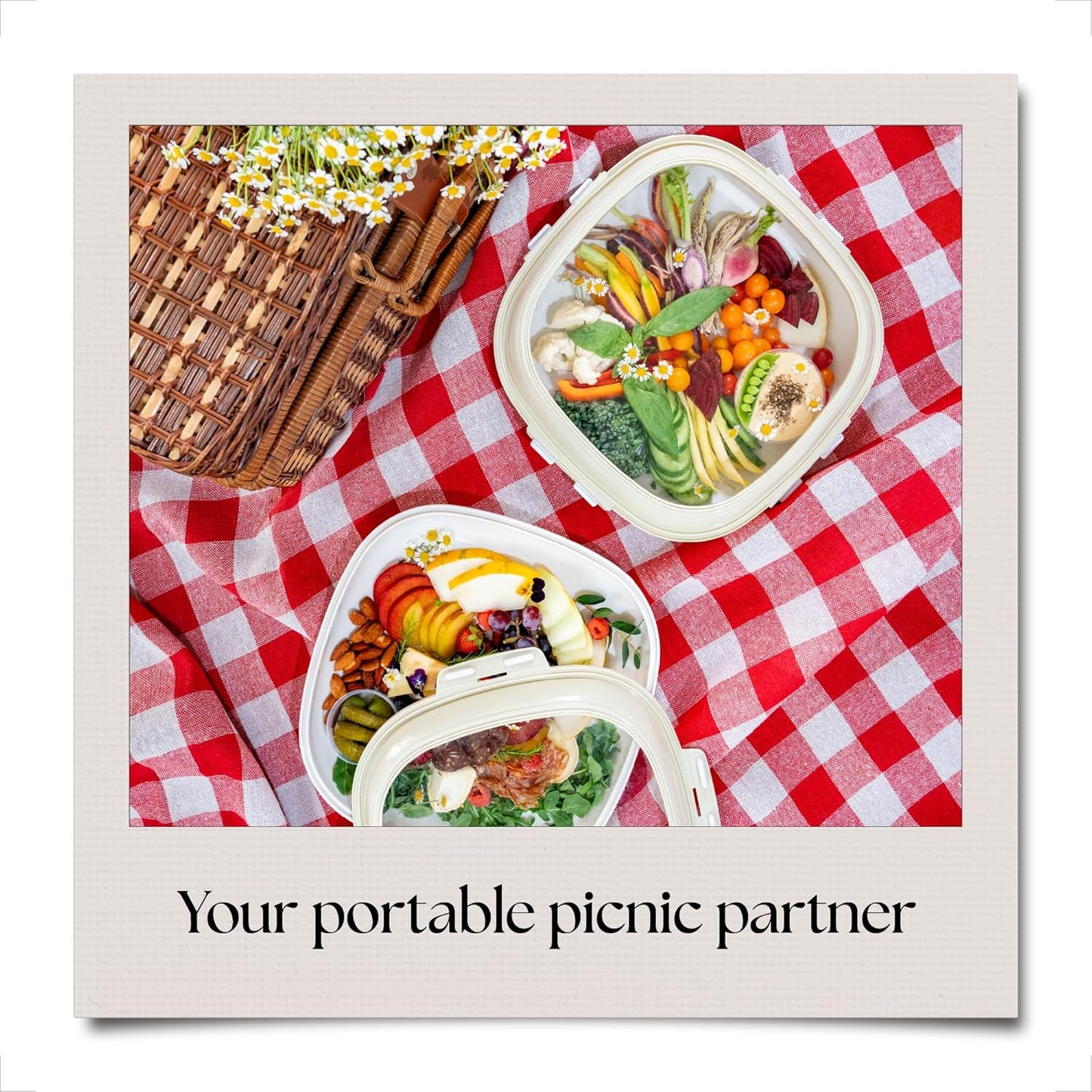 Crudités | Portable Snack Tray | Rectangle 2-Pack | Cream White | Reversible Stretch Lid Food Containers | BPA-Free, Freezer & Dishwasher Safe | Meal-Prep, Charcuterie, Salads, Picnic, Travel
