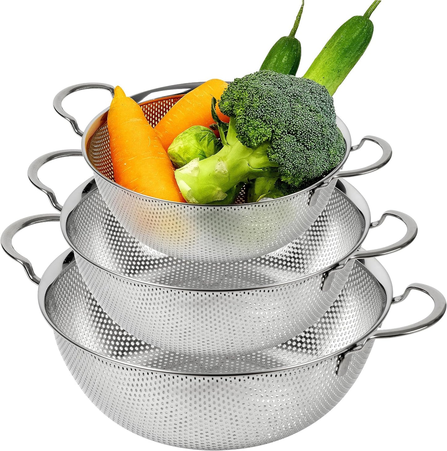 Premium 18/8 304 Stainless Steel Micro-Perforated Small and Big Colander Set of 4 with rings - 3.5-5.5-7.5-9.5 Quart Set, Self-Draining Solid Base for Pasta, Fruits, Vegetables
