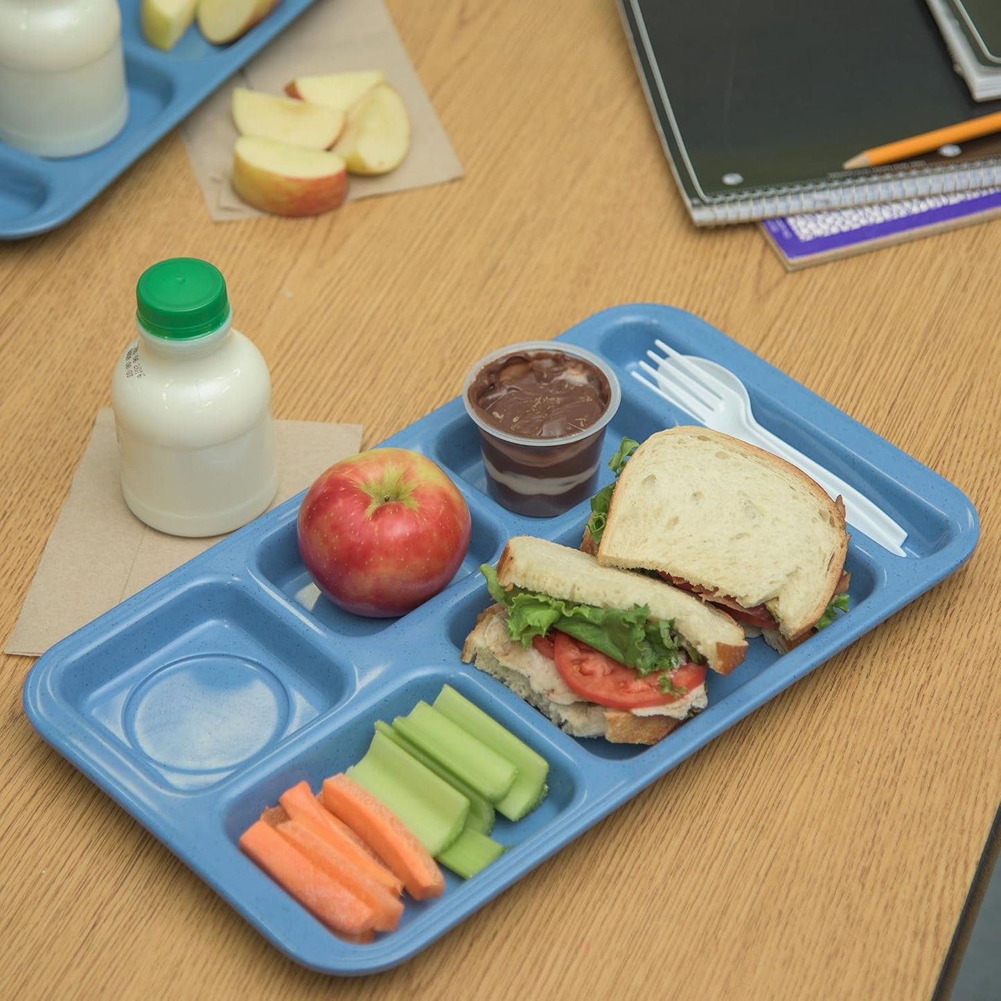 Carlisle FoodService Products Melamine Lunch Tray with 4 Compartments, Right Handed Cafeteria Tray with Divided Compartments for Food, 10" x 9.75", Dark Blue