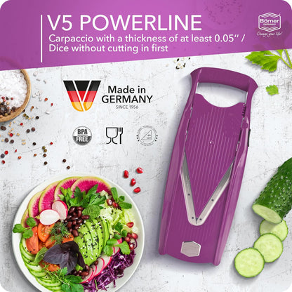 Mandoline Food Slicer Börner V5 (Profi Set) by Reston Lloyd • V-Slicer with 4 Inserts, Docking Station & Food Holder • Made in Germany • Fruit & Vegetable Chopper • Multiple Settings • Color: Purple