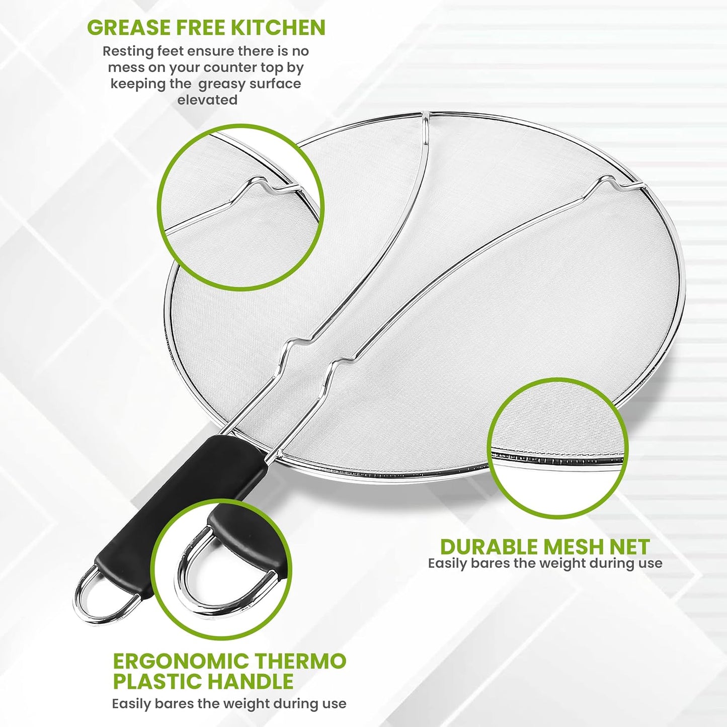 13" Grease Splatter Screen for Cooking | Stainless Steel Oil Splatter Guard and Ultra-Fine Mesh Protects Skin from Burns | TPR Tight-Grip Handle (Black)