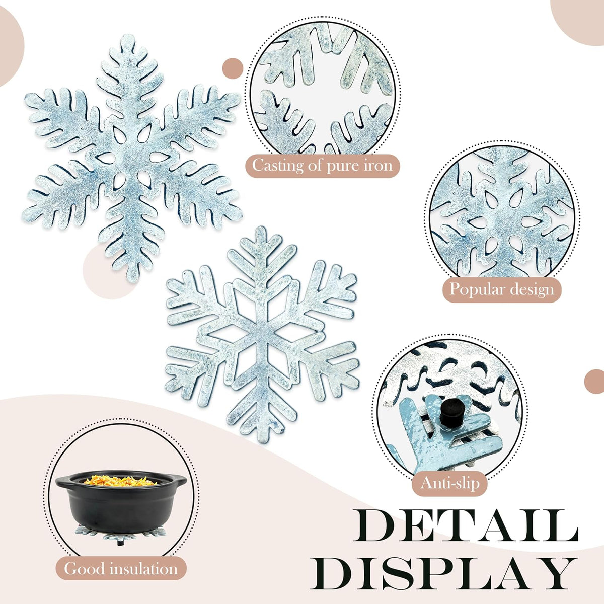 Cast Iron Trivet, 7.28 inch Metal Trivet for Hot Dishes, Heat-Resistant Decorative Trivets to Protect Dining Countertop or Kitchen Decoration with 2 Silicone Mini Pinch Mitts