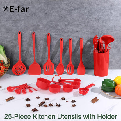 E-far Silicone Cooking Spoon Set of 2, Heat Resistant Kitchen Spoons Utensils Nonstick Mixing Spoon for Baking Stirring Serving, Non-Toxic & Dishwasher Safe (Black)