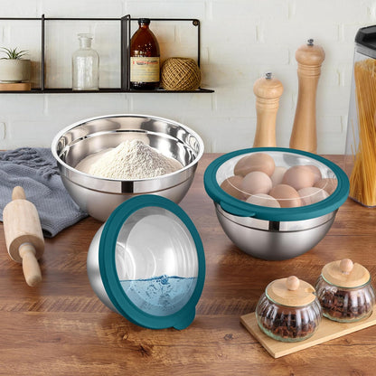 LIANYU Mixing Bowls with Airtight Lids Sets, 3 Packs Stainless Steel Metal Mixing Bowls, Ideal for Prepping, Cooking, Storage, Serving, Freezer & Dishwasher Safe, Khaki