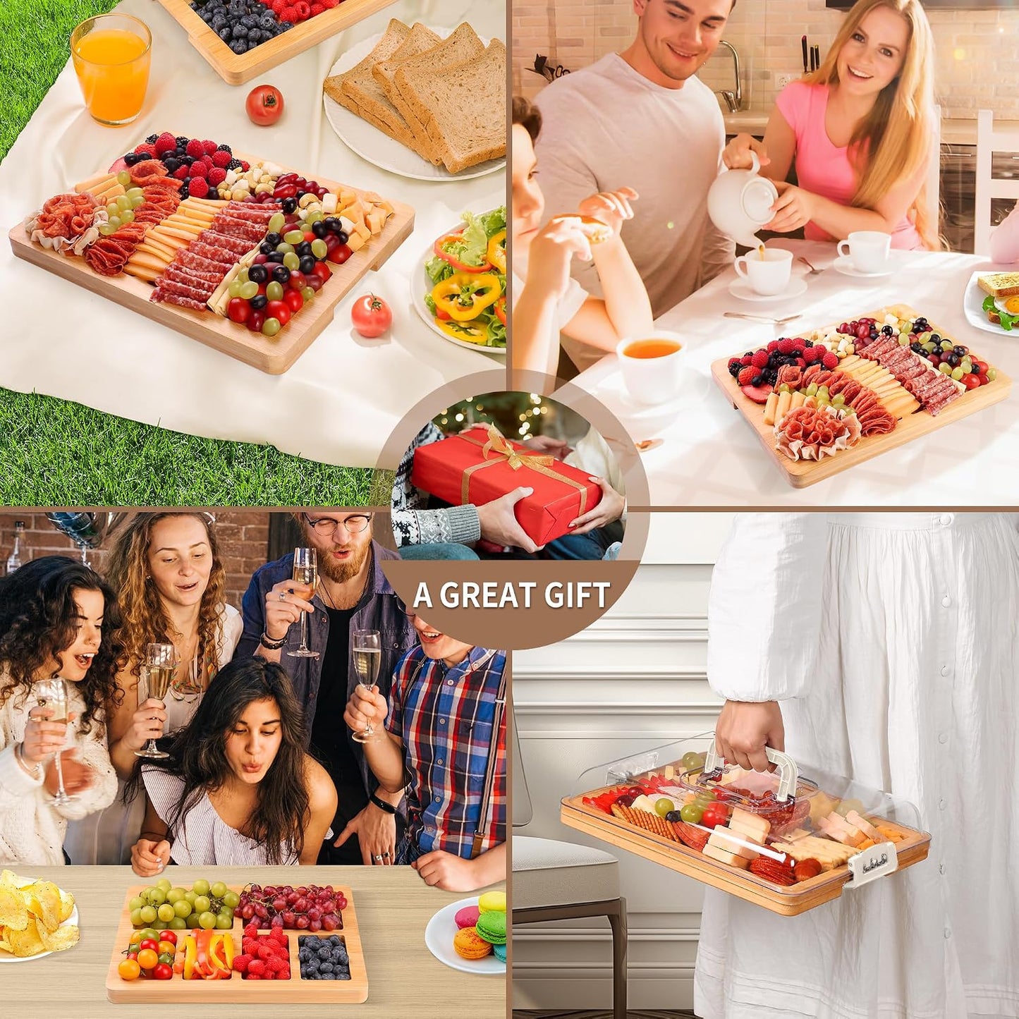 CAWIU Portable Travel Charcuterie Board with Lid and Handle - Large Bamboo Cheese Board with 4 Cheese Knife Set for Outdoor, Picnics - Weddings, House Warming Gift for Women (1 Compartment, White)