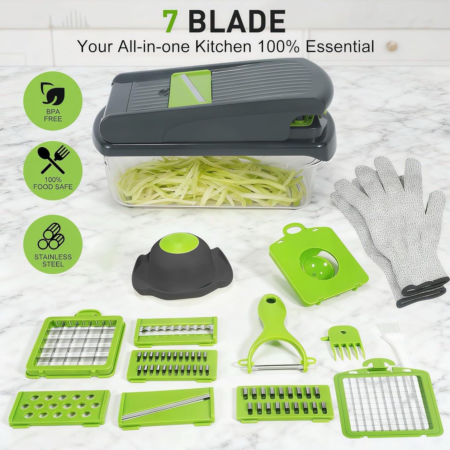 Mandoline Slicer for Kitchen, Vegetable Chopper & Dicer, Professional Food Slicer with Stainless Steel Blades, Safe Veggie Chopper for Onion Potato Carrot Fruit, Easy to Clean