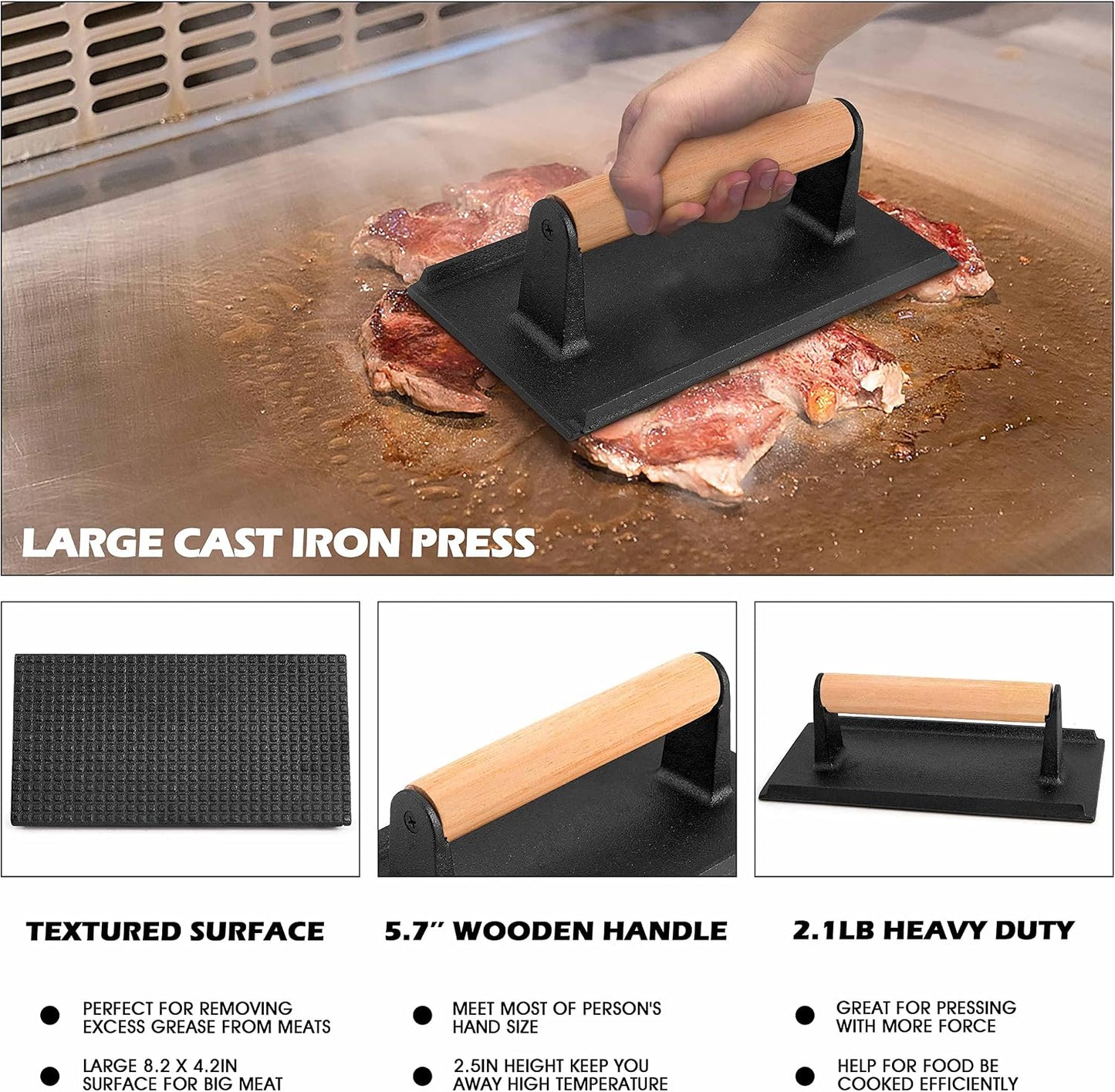 HaSteeL 13 x 9.75In Melting Dome & 8 x 4In Burger Press, Rectangular Basting Steam Cover with Bacon Press, Metal Griddle Accessories for Flat Top Teppanyaki Hibachi Grilling Cooking BBQ, Easy to Clean