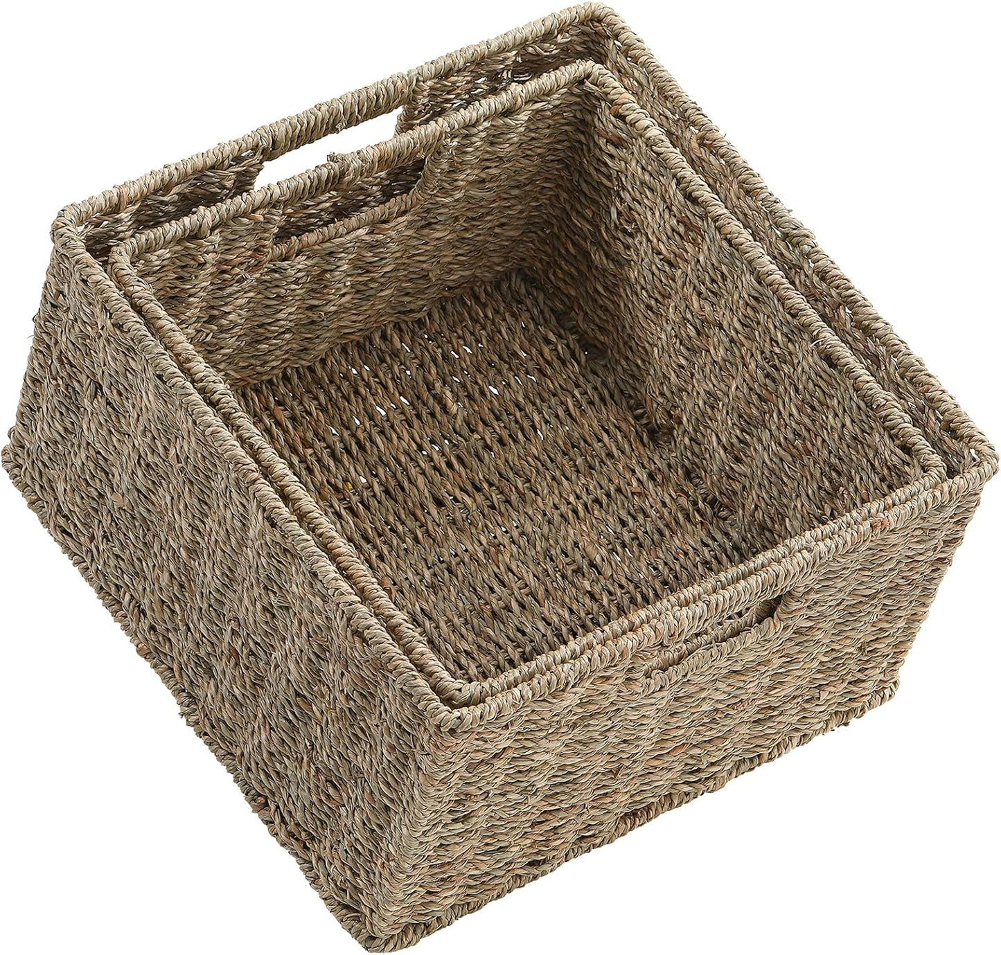 HOONEX Water Hyacinth Storage Baskets, Wicker Baskets for Storage, Hand Woven Baskets with Carry Handles, Set of 2, Natural