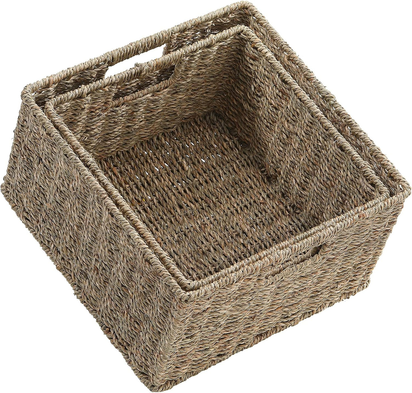 HOONEX Water Hyacinth Storage Baskets, Wicker Baskets for Storage, Hand Woven Baskets with Carry Handles, Set of 2, Natural