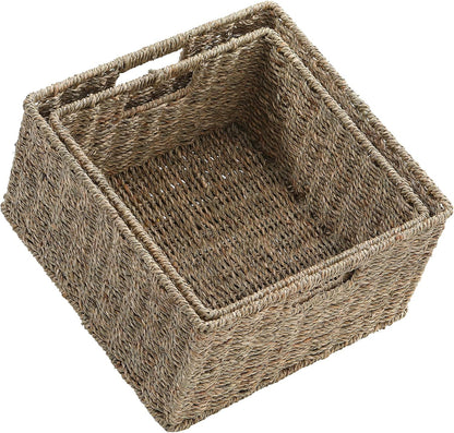 HOONEX Water Hyacinth Storage Baskets, Wicker Baskets for Storage, Hand Woven Baskets with Carry Handles, Set of 2, Natural