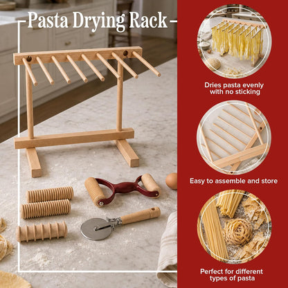 Pasta Drying Rack - Collapsible Spaghetti Holder with 8 Bars for Homemade Fresh Pasta - Wood Drying Rack for Spaghetti, Linguine, Fettucine, or Pappardelle - Kitchen Accessories by Classic Cuisine