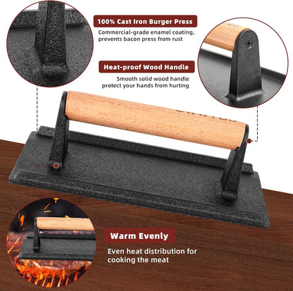 Burger Press Heavy-Duty Cast Iron Smash Meat Steak Weight Grill Griddle
