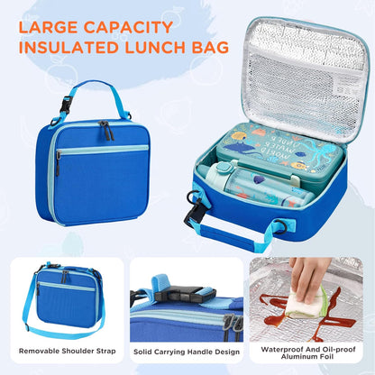 MAISON HUIS Bento Box for Kids with 8oz Soup Thermo, Insulated Lunch Bag & 17oz Water Bottle, 2-Compartment Bento Box with Built-In Ice Pack, Leak-Proof & BPA-Free