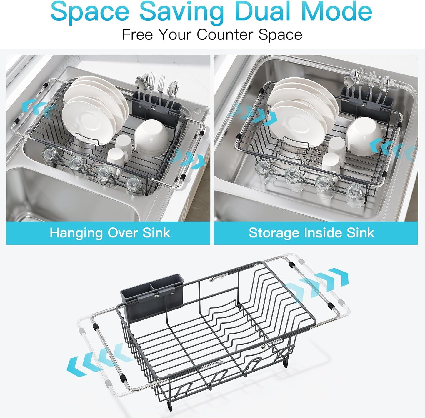 JASIWAY Dish Drying Rack in Sink, Dish Drainer with Cup and Utensil Holder