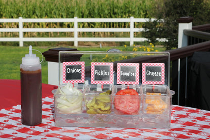 Oaklyn Large Clear Condiment Server Organizer on Ice with Containers and Lid – BPA-Free Serving Bar Compartments and Plastic Box Tray – Chilled Caddy Dispenser Set - Holds 80 oz Total