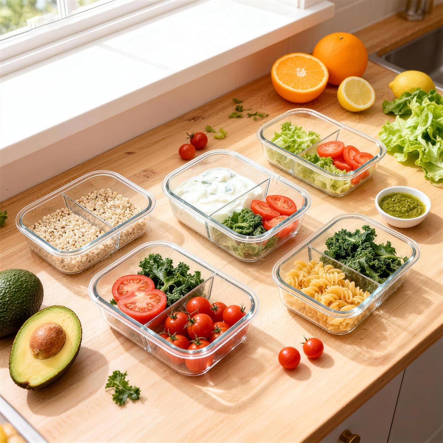 Glass Meal Prep Containers 5 Pack - Lunch Boxes with Leakproof Lids, Food Storage Containers, Bento Boxes, Gray (3 Compartment)