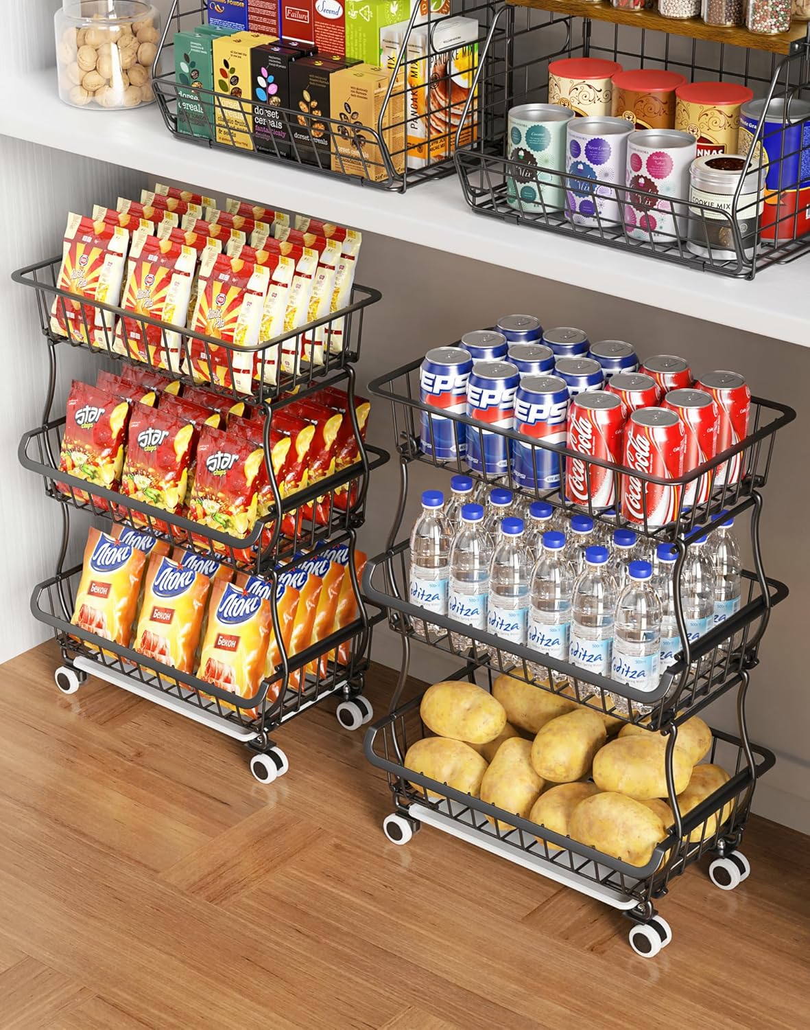 OKZEST 3-Tier Rolling Pantry Floor Organizer and Storage Cart with Wheels, Stackable Wire Pantry Baskets for Pantry Shelves, Kitchen Storage Rack and Fruit Basket Stand for Fruit Snack Onion Potato