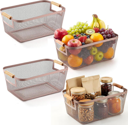 Mumufy 4 Pcs Metal Wire Basket with Wooden Handles Mesh Steel Organizer Bins for Pantry Closet Kitchen Cabinet Home Fridge Fruit Makeup Snacks Organization (Warm Tapue,Large)