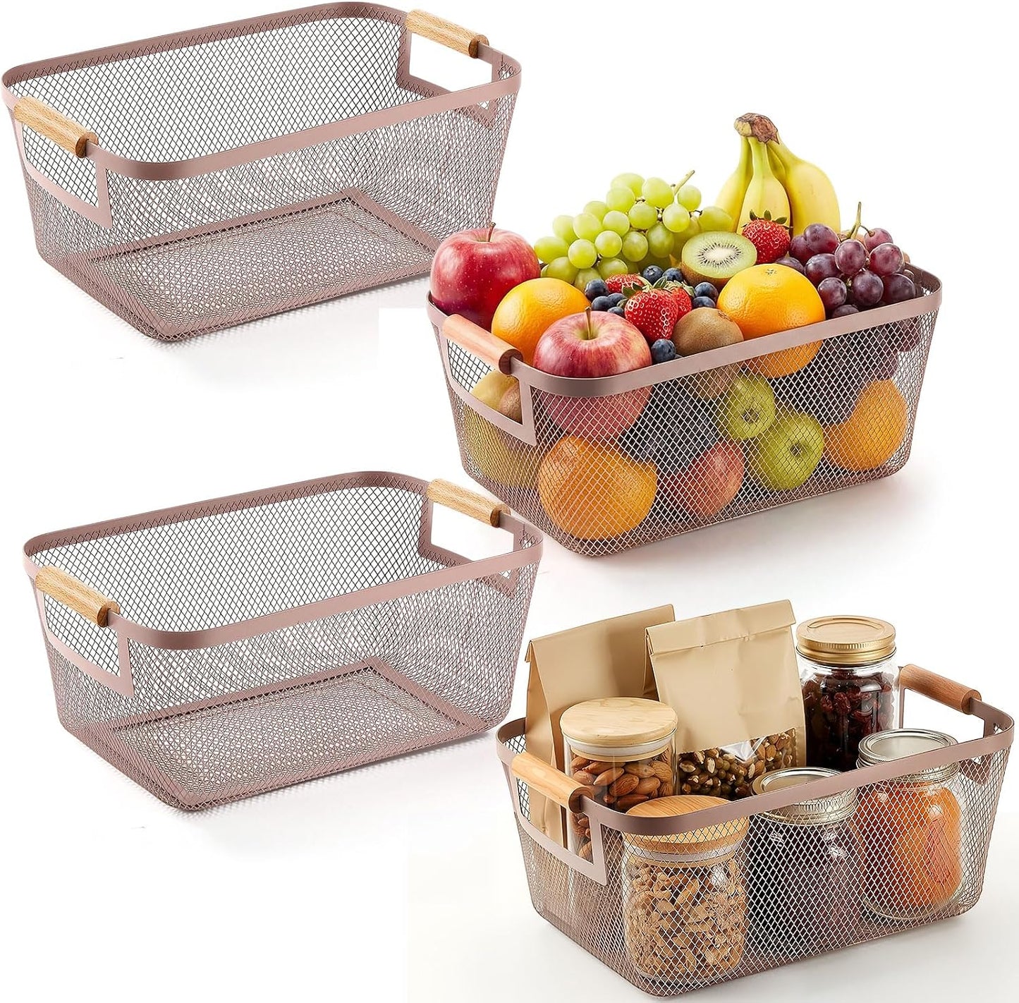 Mumufy 3 Pcs Metal Mesh Basket with Wooden Handles Wire Steel Organizer Bins Pantry Organizers Kitchen Baskets for Closet Cabinet Bathroom Fridge Food Snacks Organization (Warm Tapue,3 Sizes)