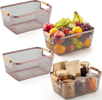 Mumufy 3 Pcs Metal Mesh Basket with Wooden Handles Wire Steel Organizer Bins Pantry Organizers Kitchen Baskets for Closet Cabinet Bathroom Fridge Food Snacks Organization (Warm Tapue,3 Sizes)