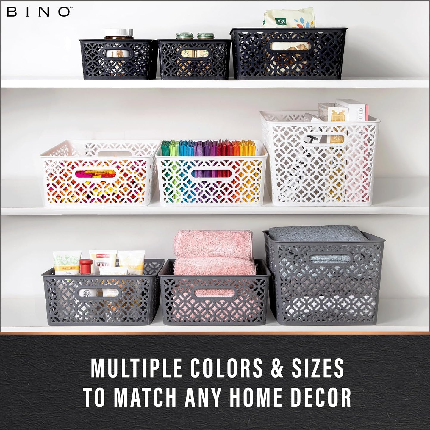 BINO l Plastic Storage Baskets, Large - Grey l THE BLOSSOM COLLECTION l Multi-Use Organizer Bin l Built-in Handles l Plastic Woven Basket for Organizing l Pantry & Home Organizing Basket