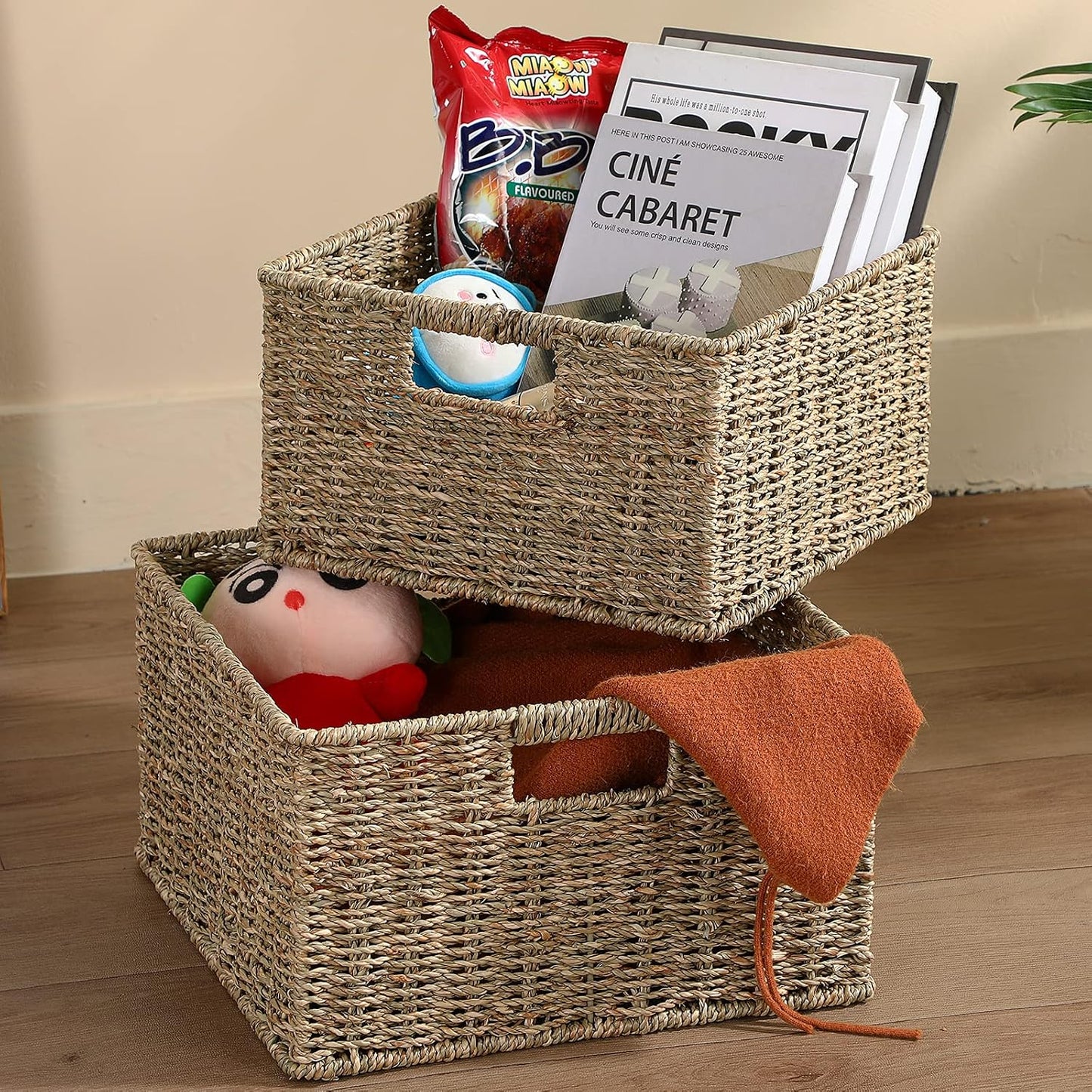 HOONEX Water Hyacinth Storage Baskets, Wicker Baskets for Storage, Hand Woven Baskets with Carry Handles, Set of 2, Natural