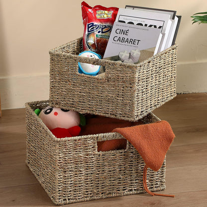 HOONEX Water Hyacinth Storage Baskets, Wicker Baskets for Storage, Hand Woven Baskets with Carry Handles, Set of 2, Natural