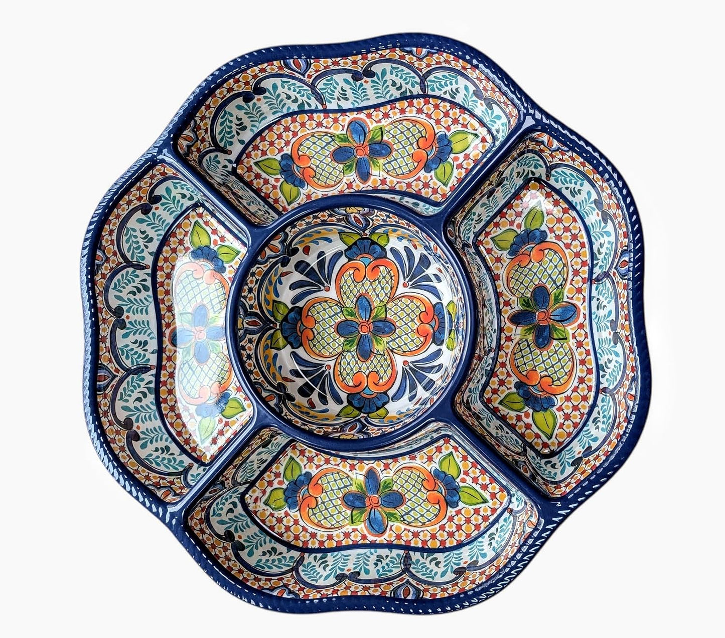 Melamine Plastic Serving Tray with 5 Compartments, Spanish Style Medallion, 15x15x2.5 Inches, for Chips and Dip