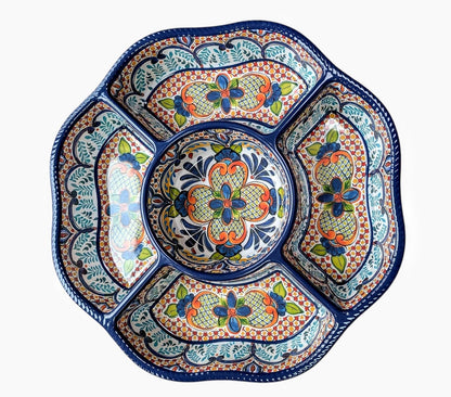 Melamine Plastic Serving Tray with 5 Compartments, Spanish Style Medallion, 15x15x2.5 Inches, for Chips and Dip