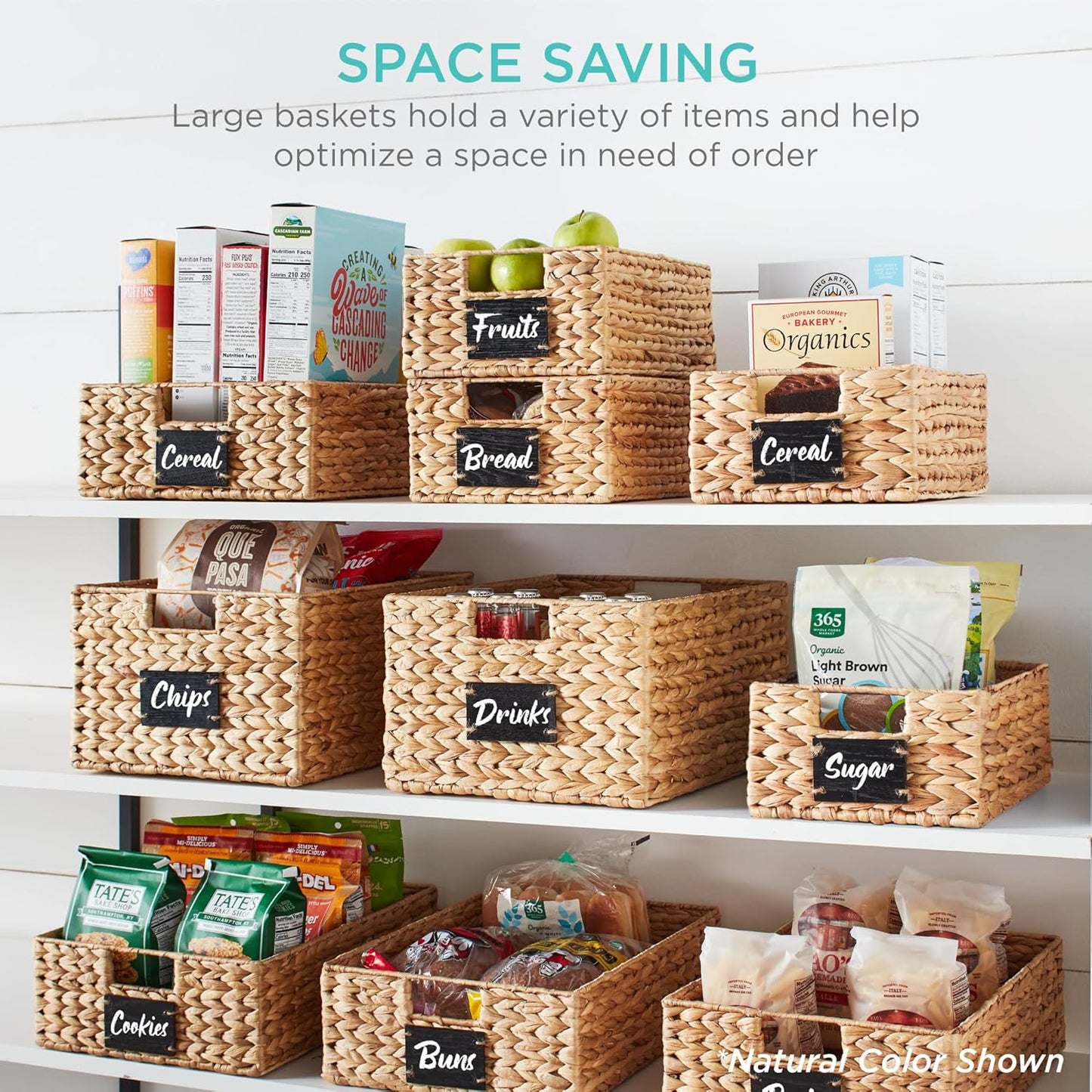 Best Choice Products Set of 4 9x12in Water Hyacinth Pantry Baskets, Woven Organizers w/Chalkboard Label, Chalk Marker - Natural