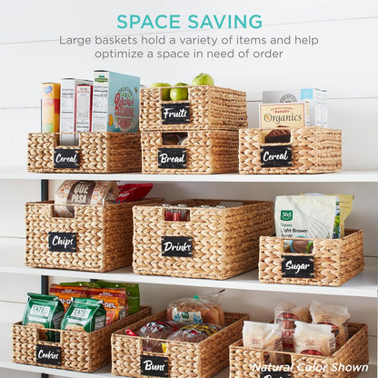 Best Choice Products Set of 4 9x12in Water Hyacinth Pantry Baskets, Woven Organizers w/Chalkboard Label, Chalk Marker - Natural