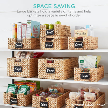 Best Choice Products Set of 4 9x12in Water Hyacinth Pantry Baskets, Woven Organizers w/Chalkboard Label, Chalk Marker - Natural