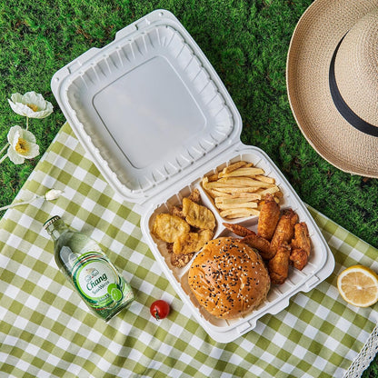 8X8 3-Compartment 50-Pack Plastic Clamshell Takeout Food Trays Heavy Duty Togo Disposable Box Carryout Meal Prep Packaging Catering Hinged Containers With Secure Snap Lid (Formerly FULING)
